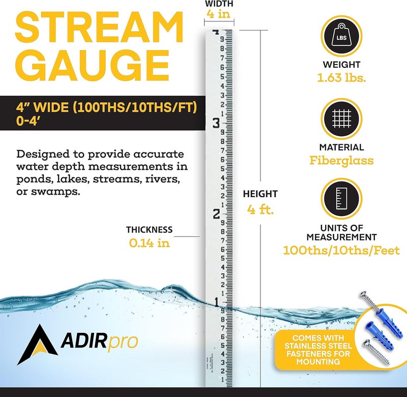 AdirPro 4" Wide Stream Gauge - Heavy Duty Fiberglass Water Depth Gauge - Flow Meters (100ths/10ths/feet) (0-4') - Image 1